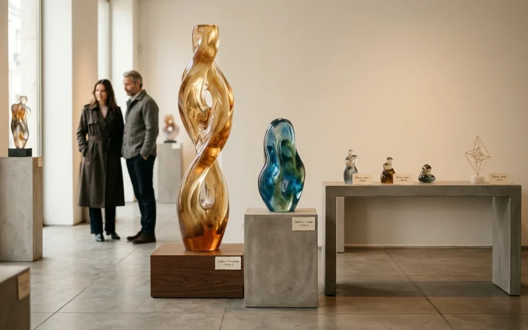 Sculptures en résine de différentes tailles exposées dans une galerie élégante