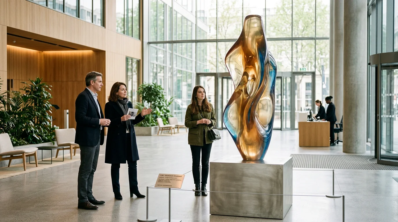 Sculpture en résine : prix, tarifs et facteurs de coût 2026 Grande sculpture en résine contemporaine exposée dans un hall d'entreprise élégant