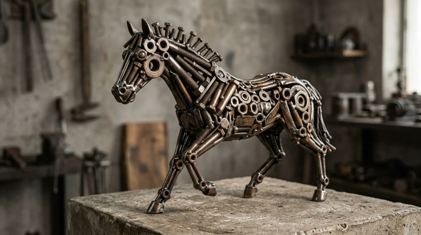 Sculpture vis et boulons : art métallique et sur-mesure 2026 Sculpture de cheval réalisée en vis et boulons soudés