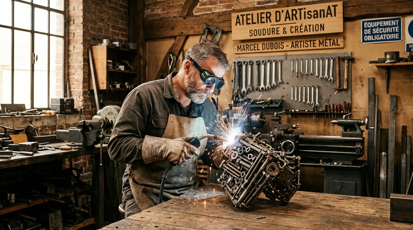 Sculpture vis et boulons : art métallique et sur-mesure 2026 Artisan européen soudant une sculpture métallique en atelier