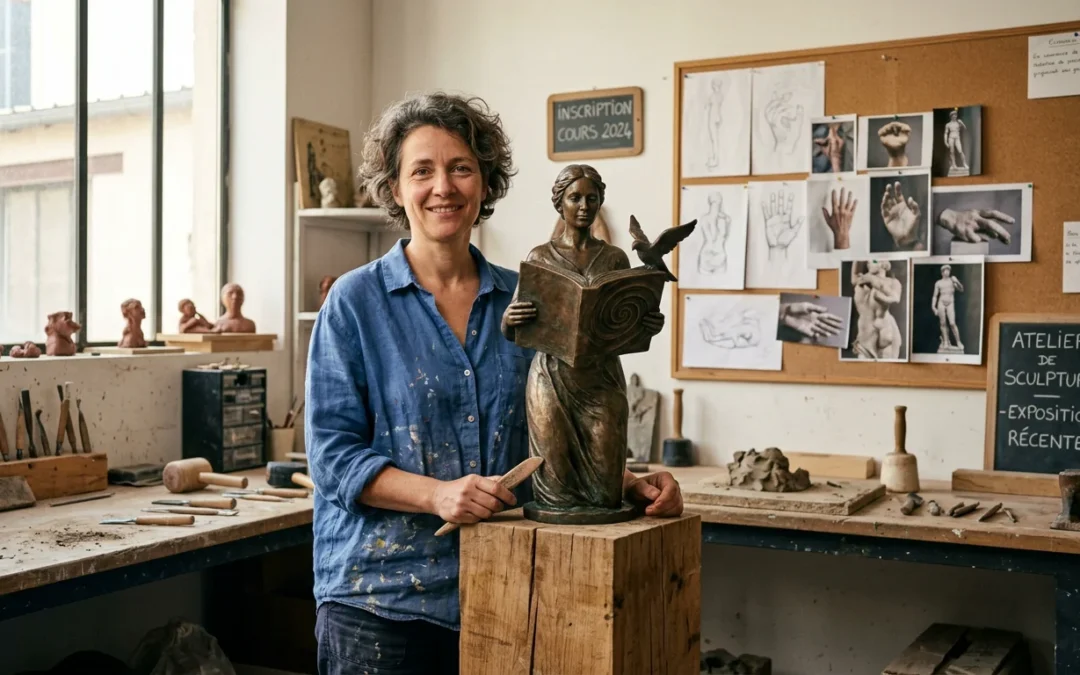 Artiste européen présentant une sculpture sur-mesure dans son atelier