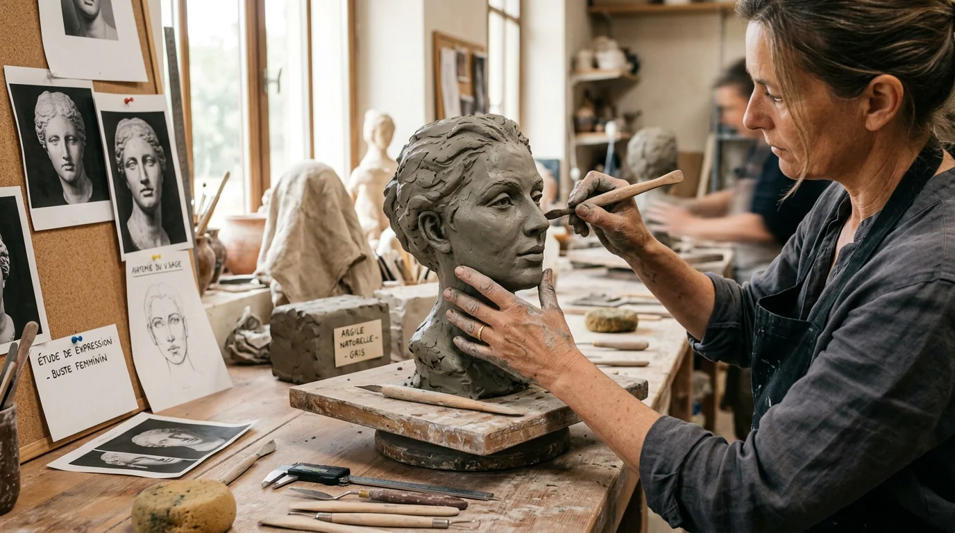 Sculpture personnalisée : le guide du sur-mesure en 2026 Sculpteur européen façonnant un buste en argile dans son atelier