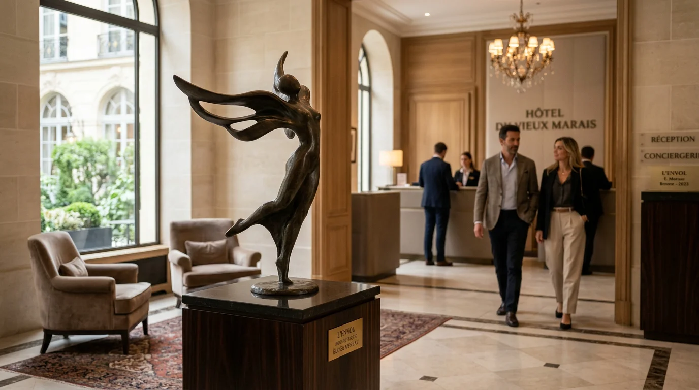 Sculpture personnalisée : le guide du sur-mesure en 2026 Sculpture en bronze sur-mesure exposée dans un hall d'hôtel haut de gamme