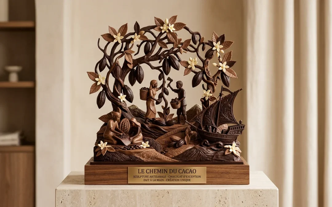 Sculpture en chocolat sur mesure détaillée présentée en studio