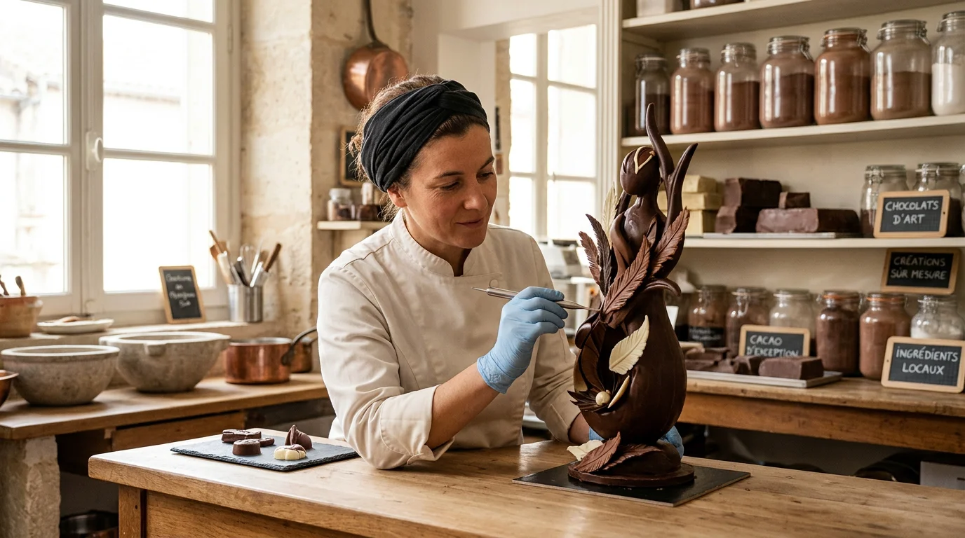 Sculpture chocolat sur mesure : l'art du cacao en 2026 Artisan chocolatier européen sculptant une œuvre en chocolat sur mesure en atelier