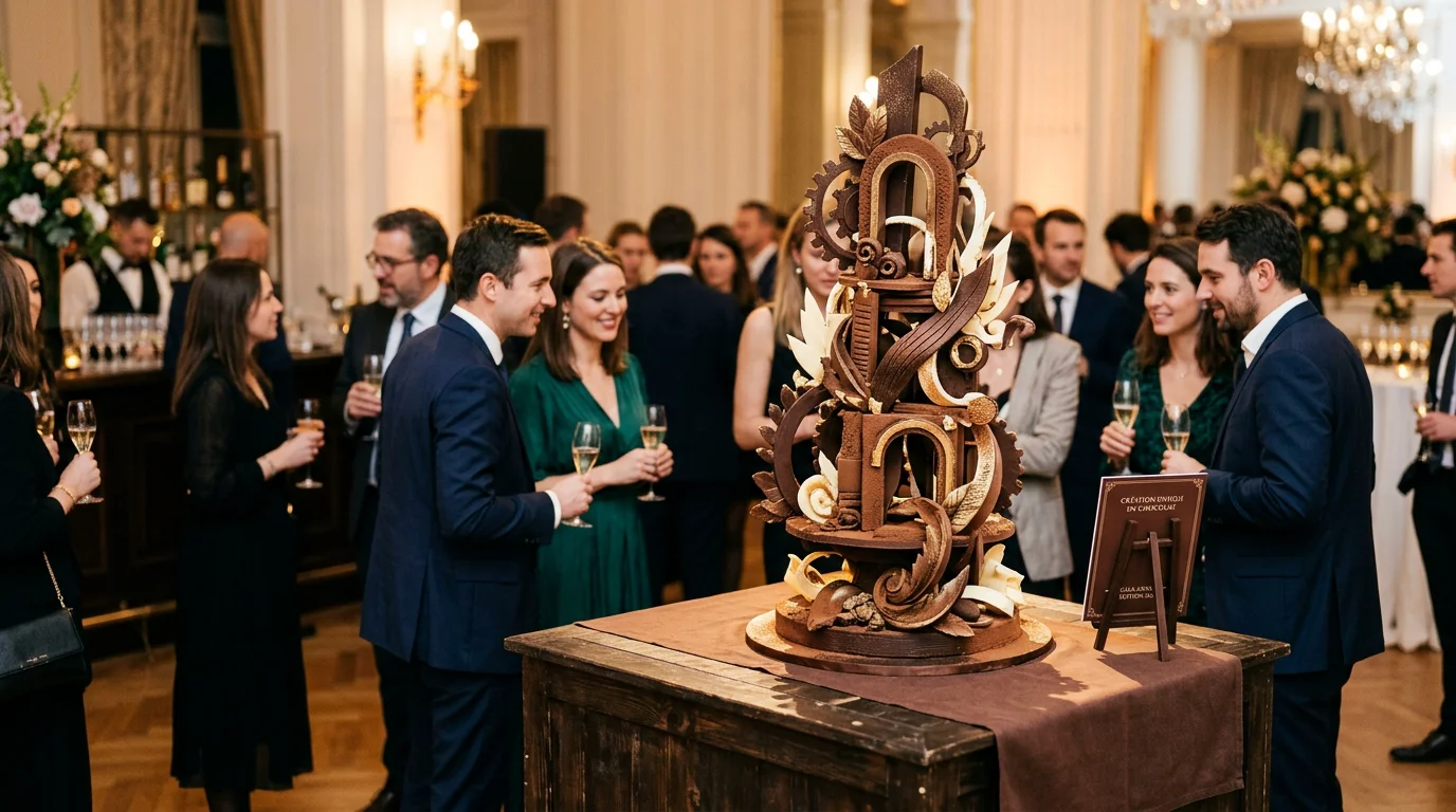 Sculpture chocolat sur mesure : l'art du cacao en 2026 Sculpture en chocolat sur mesure exposée lors d'un événement professionnel