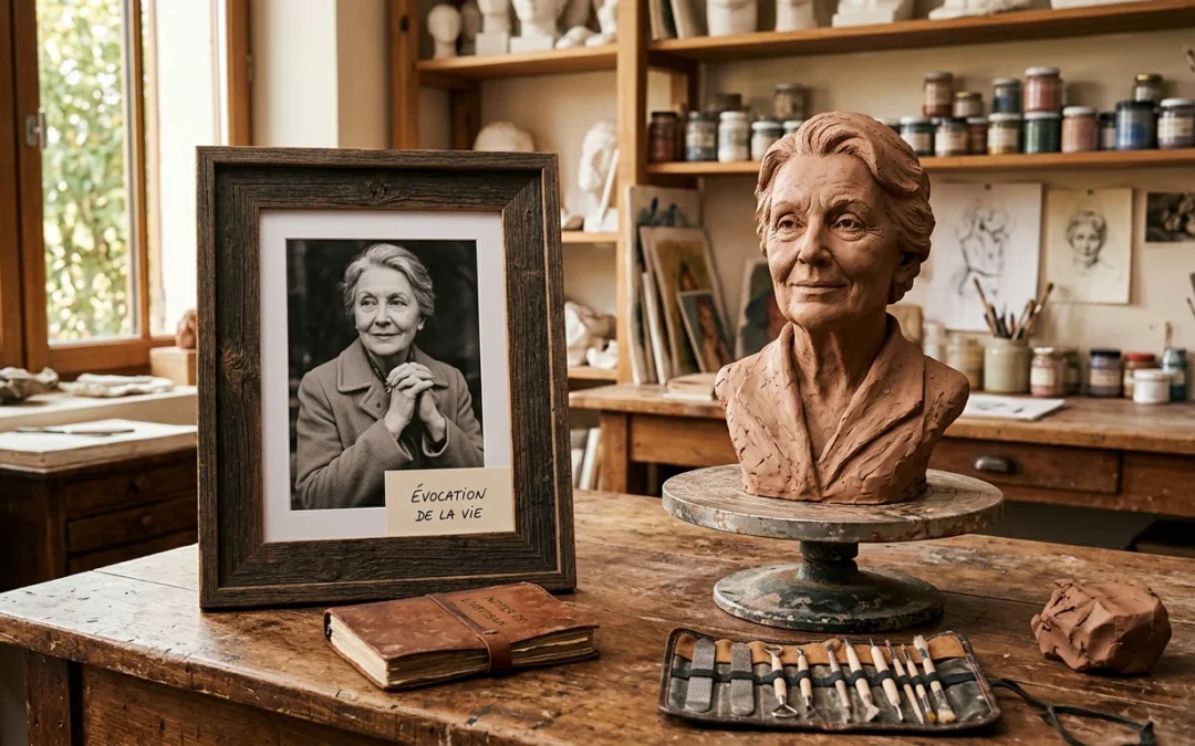 Photo encadrée et buste sculpté côte à côte sur un établi d'atelier