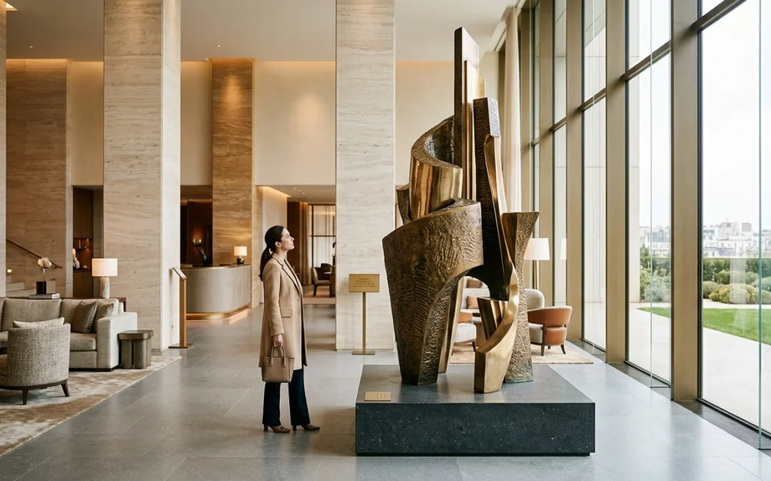 Sculpture monumentale contemporaine dans un lobby d'hôtel de luxe