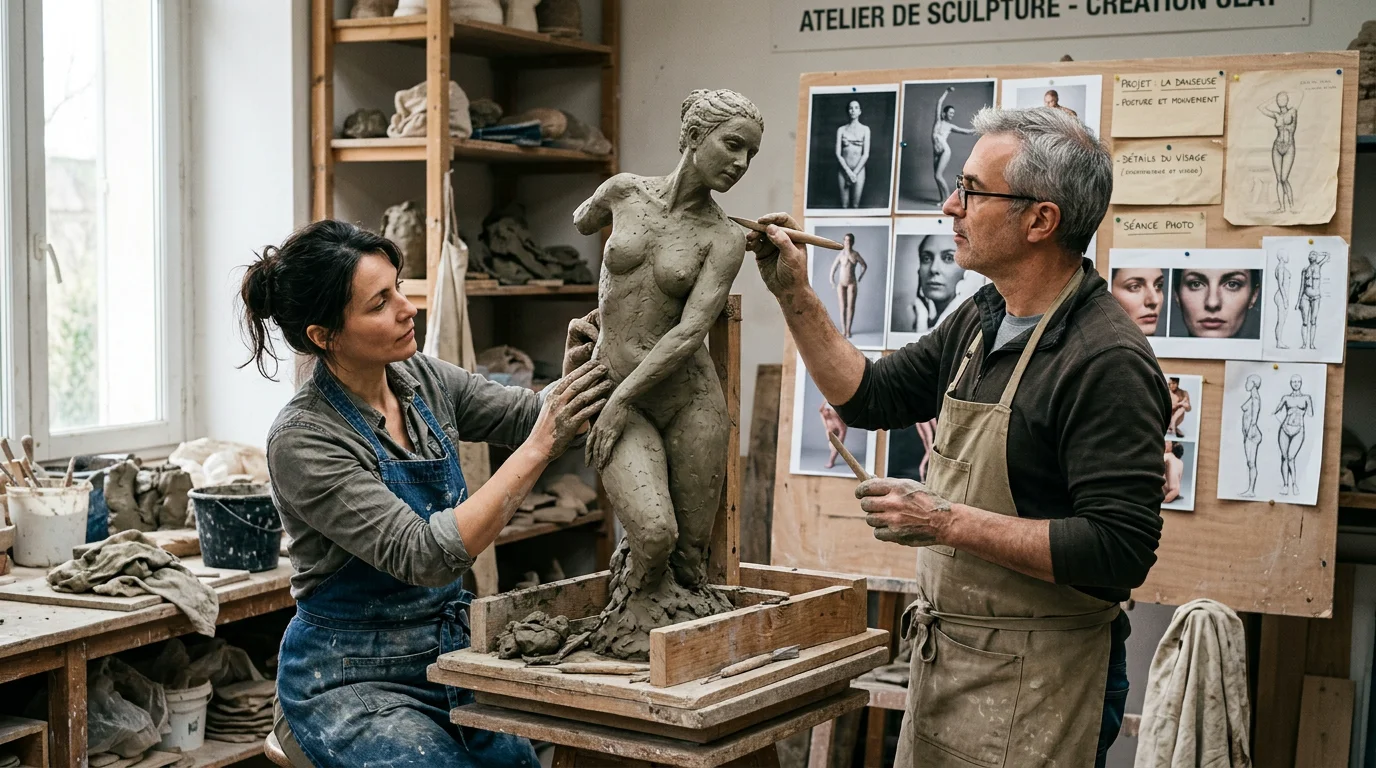 Sculpture grand format : matériaux, prix et sur-mesure Artisans sculptant une grande pièce à la main dans un atelier à partir de photos de référence