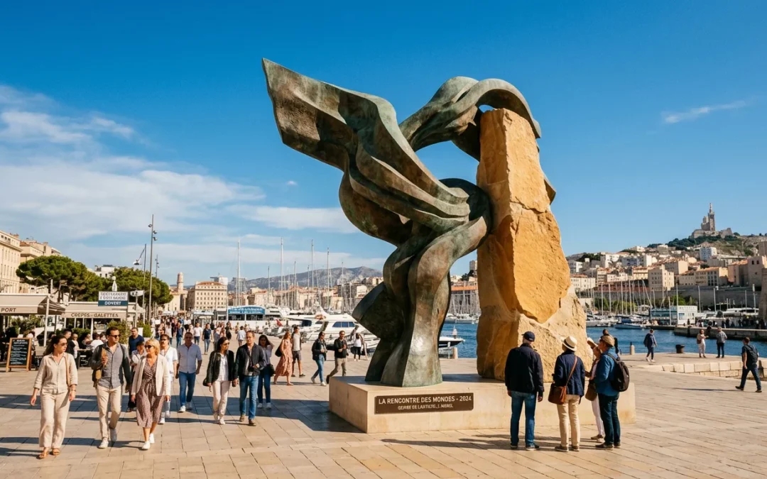 Sculpture monumentale surdimensionnée sur un front de mer ensoleillé évoquant Marseille