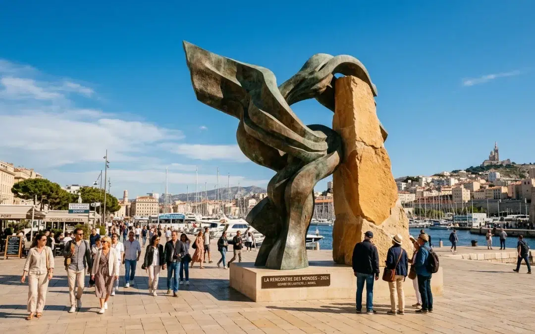 Sculpture monumentale surdimensionnée sur un front de mer ensoleillé évoquant Marseille