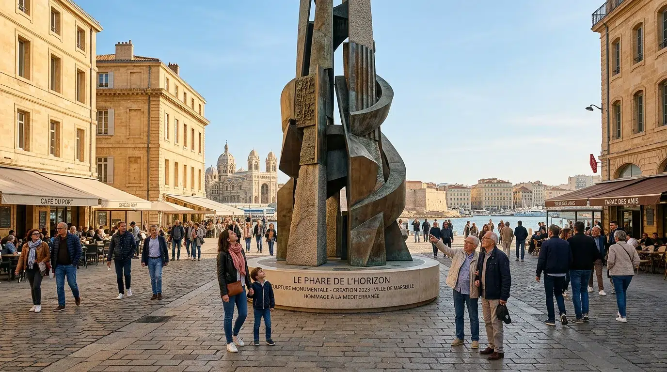 Objet géant à Marseille : sculptures monumentales sur mesure Objet géant installé sur une place ensoleillée de type marseillais avec passants européens