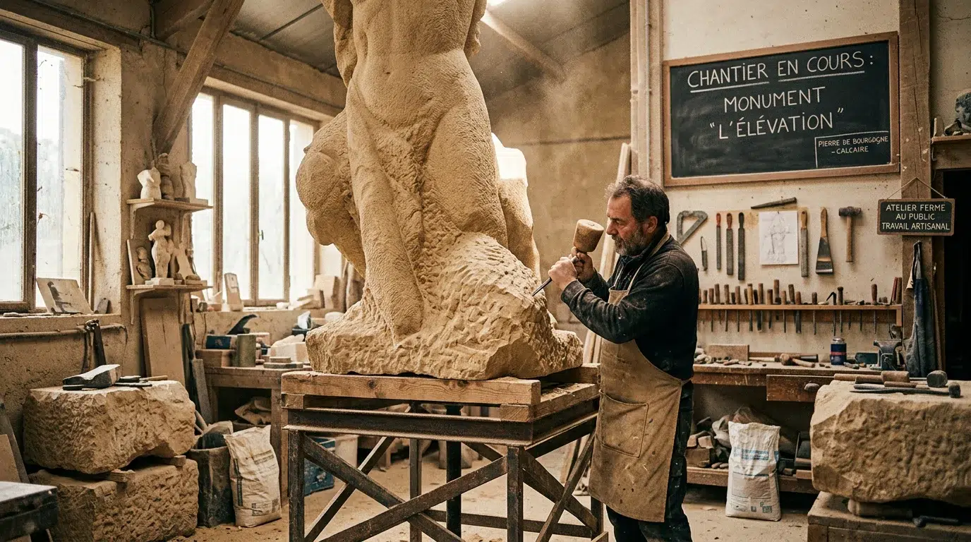 Objet géant à Marseille : sculptures monumentales sur mesure Sculpteur européen façonnant un objet monumental dans un atelier artisanal