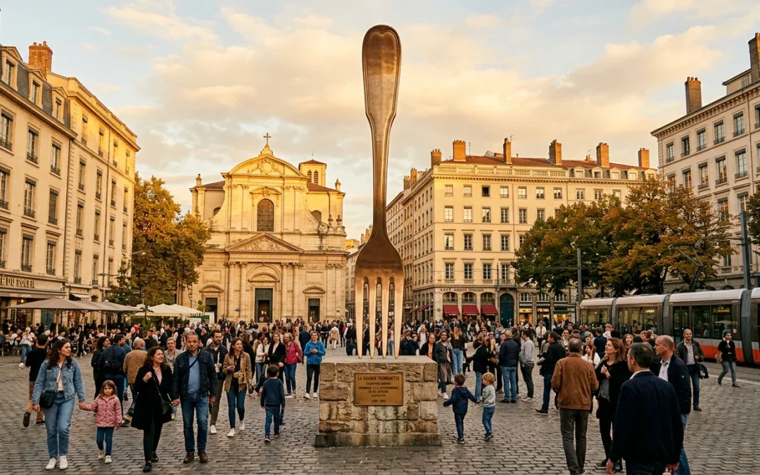 Un objet géant installé sur une place publique européenne attirant les visiteurs au coucher du soleil
