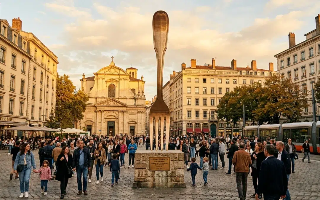Un objet géant installé sur une place publique européenne attirant les visiteurs au coucher du soleil