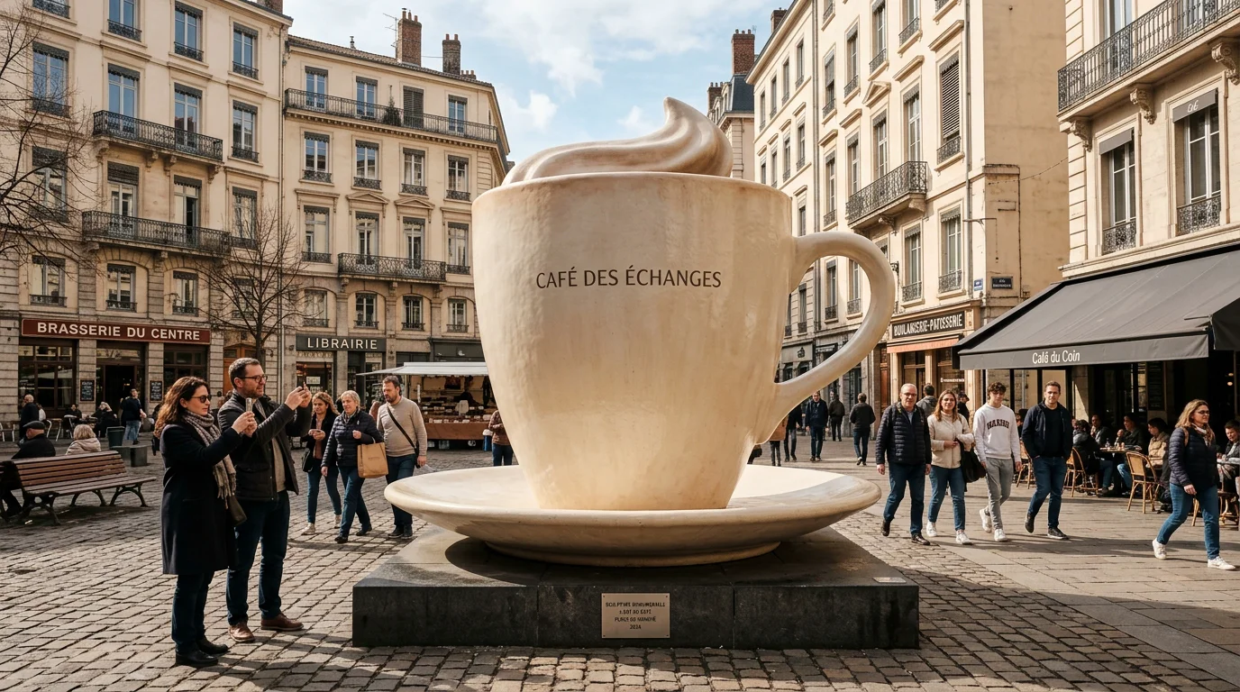 Objet géant : art monumental, marketing et sur-mesure XXL Une sculpture géante en forme de tasse installée sur une place européenne attirant les passants