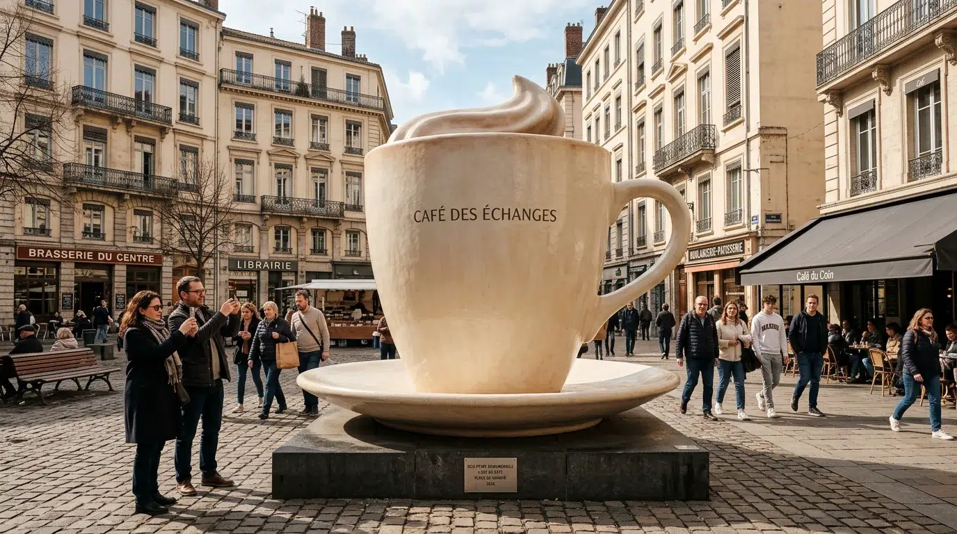 Objet géant : art monumental, marketing et sur-mesure XXL Une sculpture géante en forme de tasse installée sur une place européenne attirant les passants