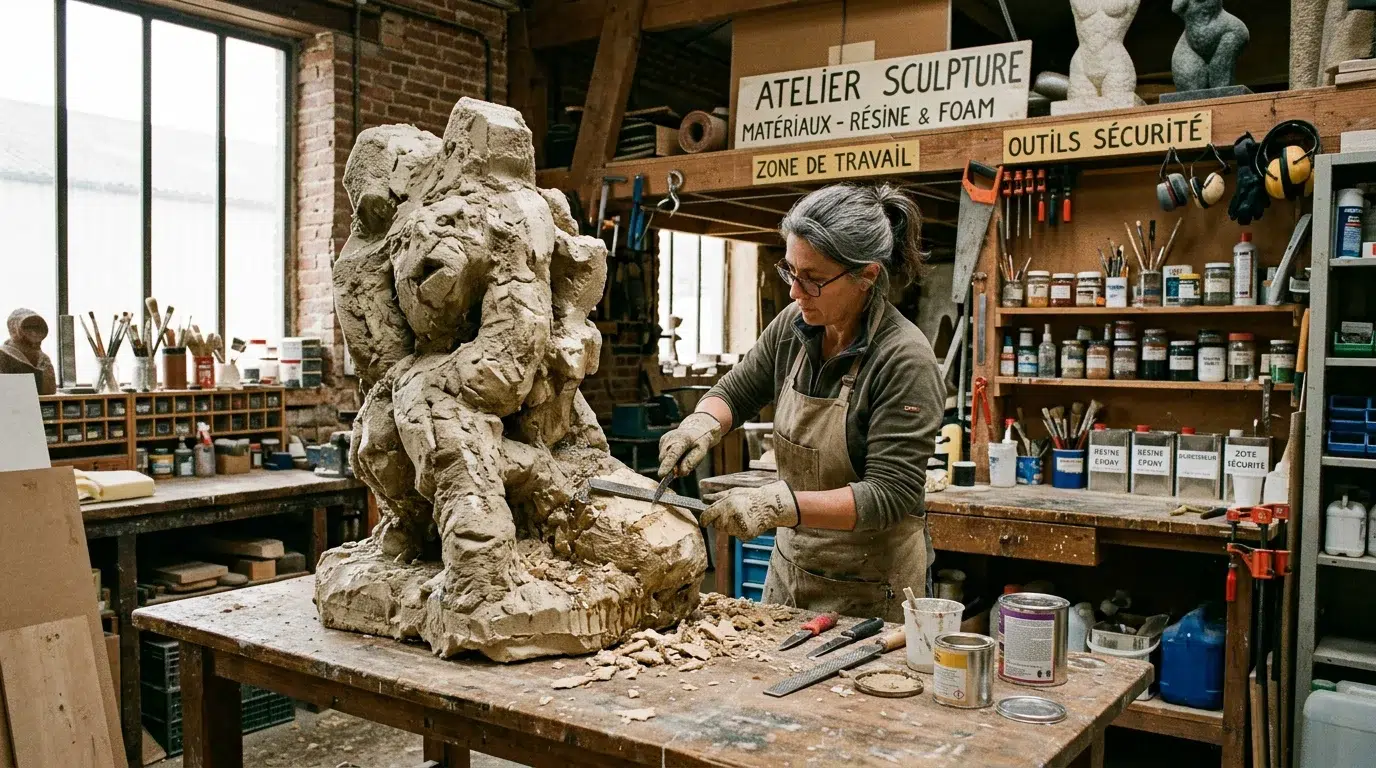 Objet géant : art monumental, marketing et sur-mesure XXL Un artisan européen façonnant à la main un objet surdimensionné dans un atelier de sculpture