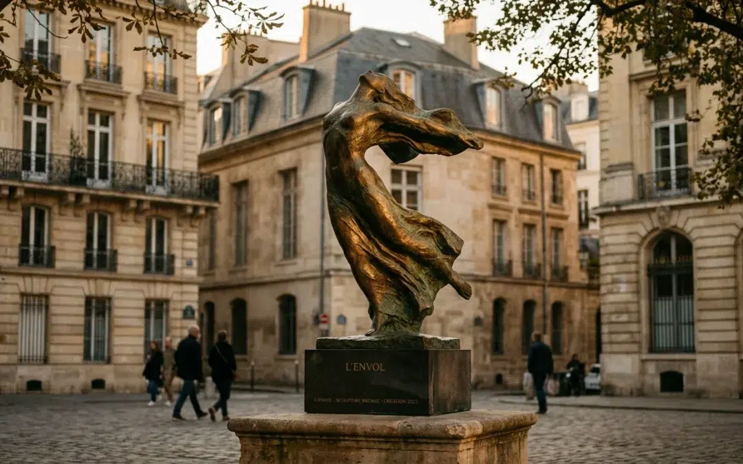 Sculpture en bronze à la patine chaude exposée en extérieur à Rennes