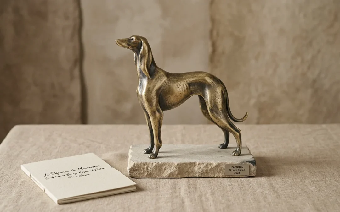 Sculpture de chien décorative présentée sur fond neutre en studio