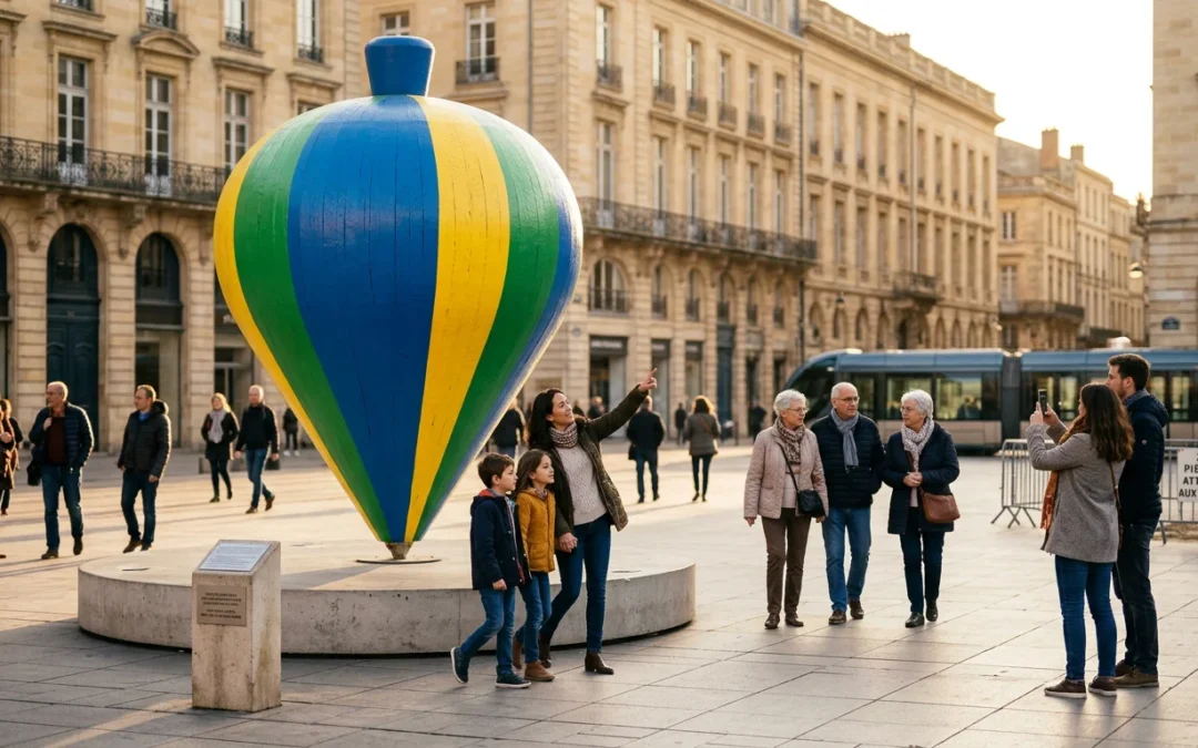 Objet géant monumental installé sur une grande place urbaine au coucher du soleil