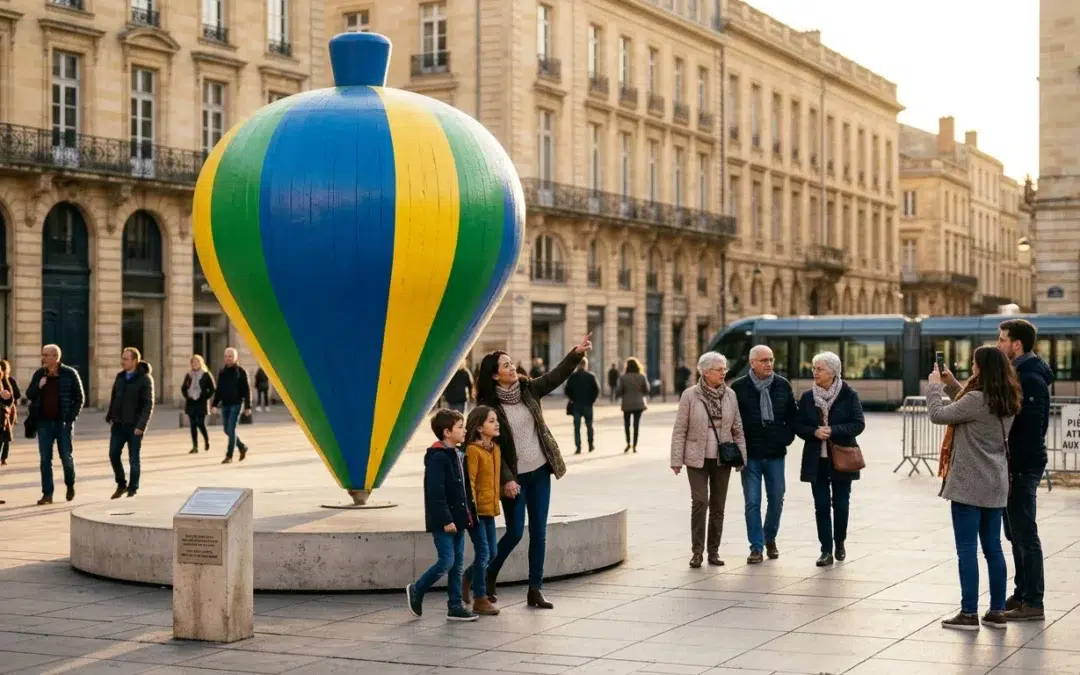 Objet géant monumental installé sur une grande place urbaine au coucher du soleil
