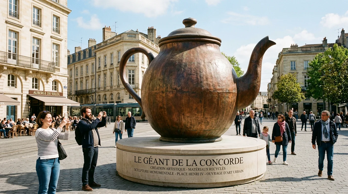 Objet géant extérieur : art monumental et impact XXL Passants européens photographiant un objet géant installé sur une place publique