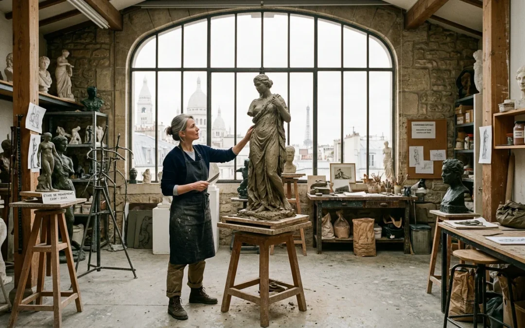 Atelier de sculpture parisien avec un artiste travaillant une statue sur mesure