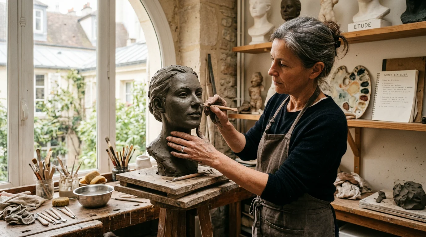 Sculpture sur mesure à Paris : guide complet en 2026 Mains d'un sculpteur européen façonnant un buste en argile dans un atelier parisien