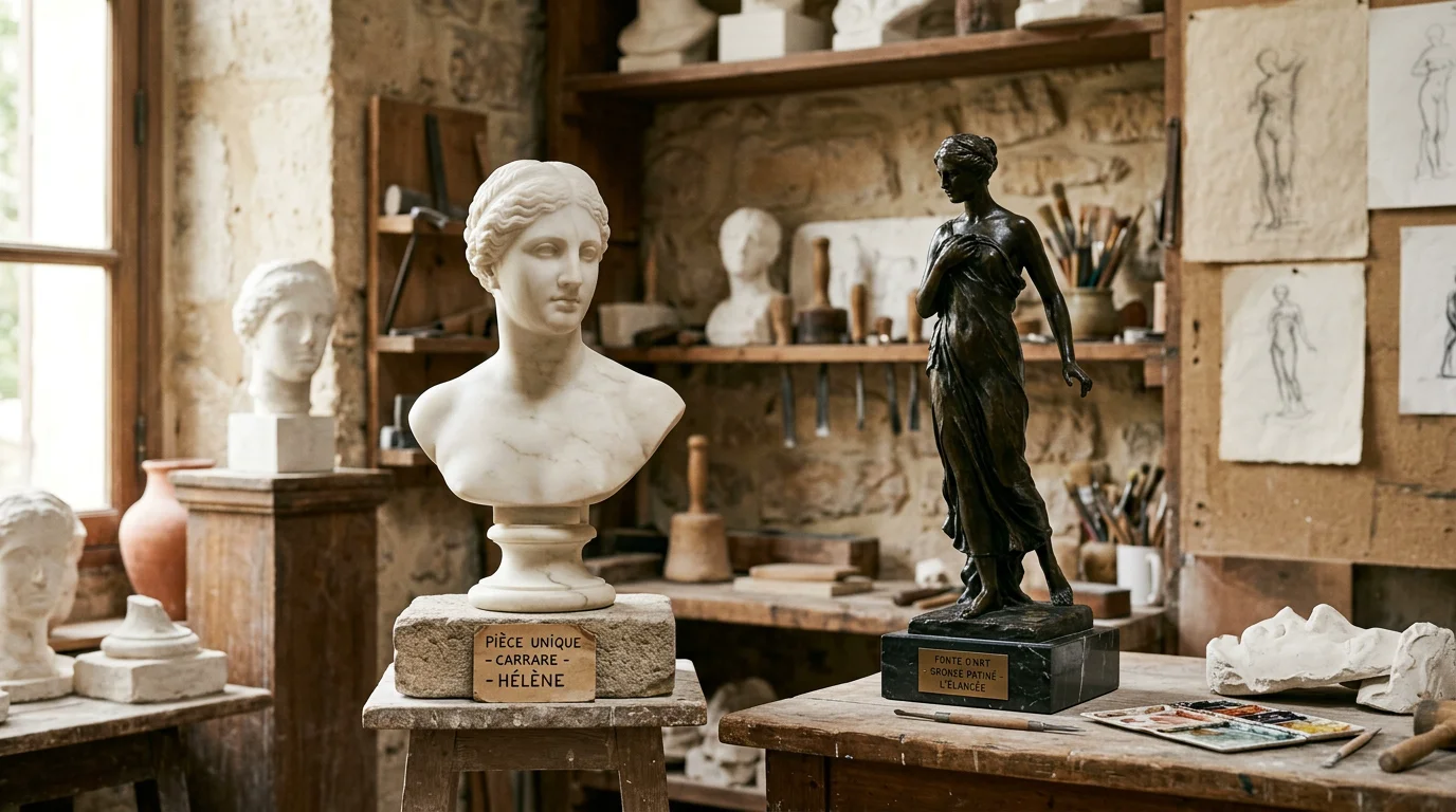 Sculpture sur mesure à Paris : guide complet en 2026 Sculptures sur mesure en marbre et bronze exposées dans un atelier parisien