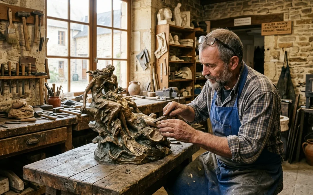 Artisan européen finalisant une sculpture en bronze sur mesure dans son atelier