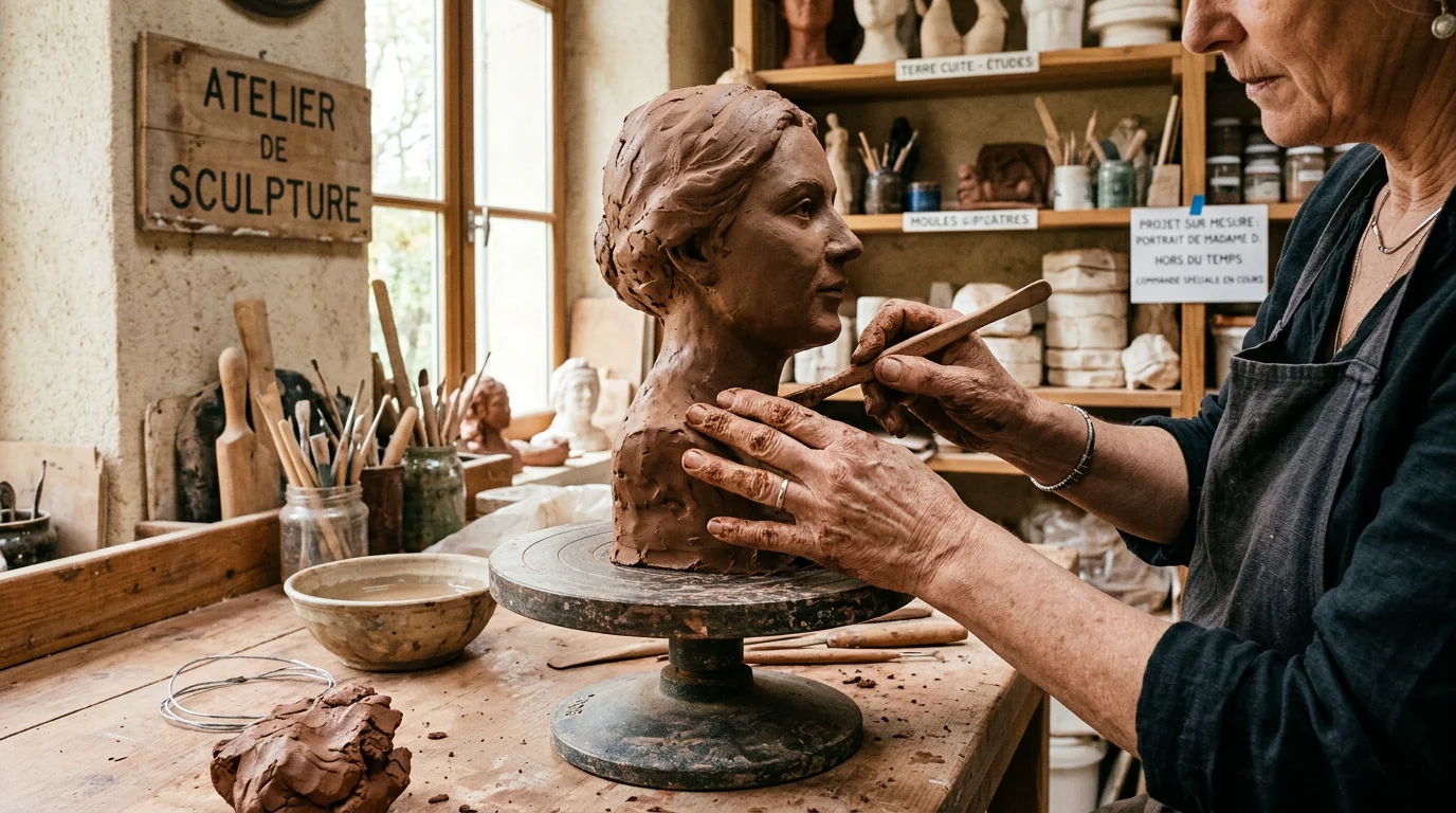 Sculpture sur mesure à Bordeaux : guide complet 2026 Sculpteur européen façonnant une œuvre en argile dans son atelier