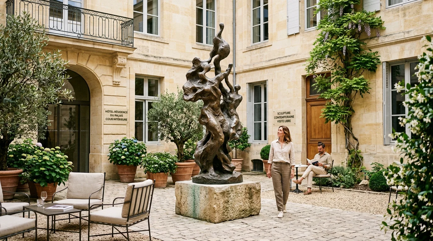 Sculpture sur mesure à Bordeaux : guide complet 2026 Grande sculpture en bronze sur mesure exposée dans une cour bordelaise en pierre blonde
