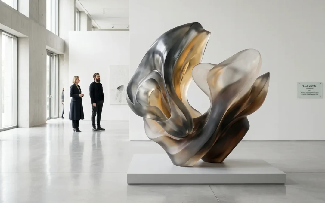 Grande sculpture en résine contemporaine exposée dans une galerie lumineuse et épurée