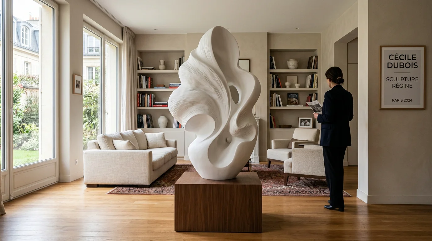Sculpture en résine en France : le guide expert 2026 Grande sculpture en résine blanche mise en valeur dans un salon contemporain lumineux