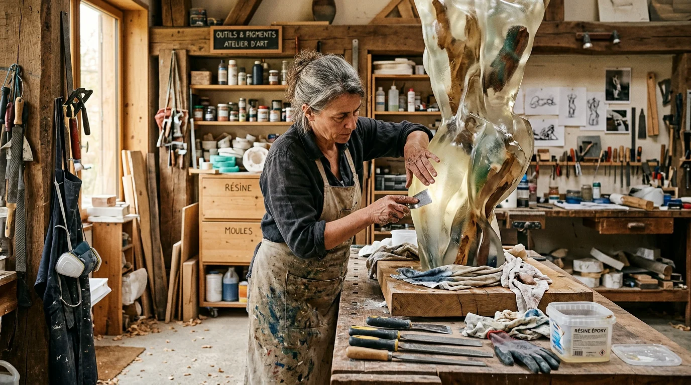 Sculpture en résine en France : le guide expert 2026 Sculpteur européen finalisant une sculpture en résine sur-mesure dans son atelier