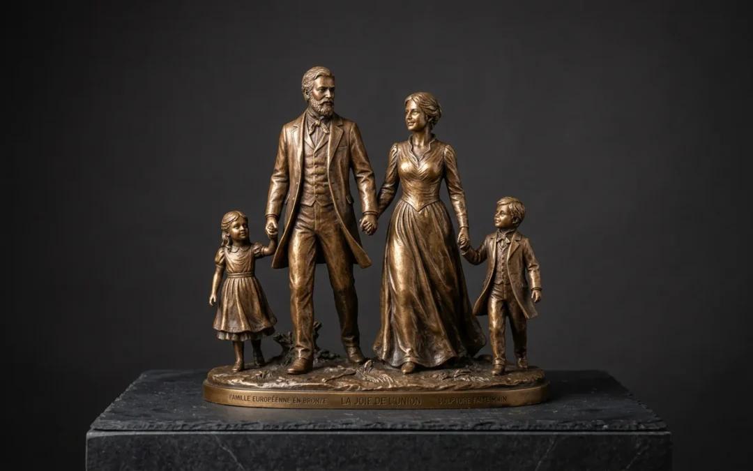 Sculpture en bronze représentant une famille européenne se tenant la main