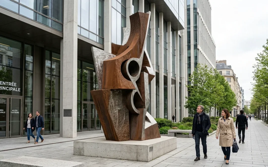 Sculpture monumentale grand format devant un bâtiment moderne