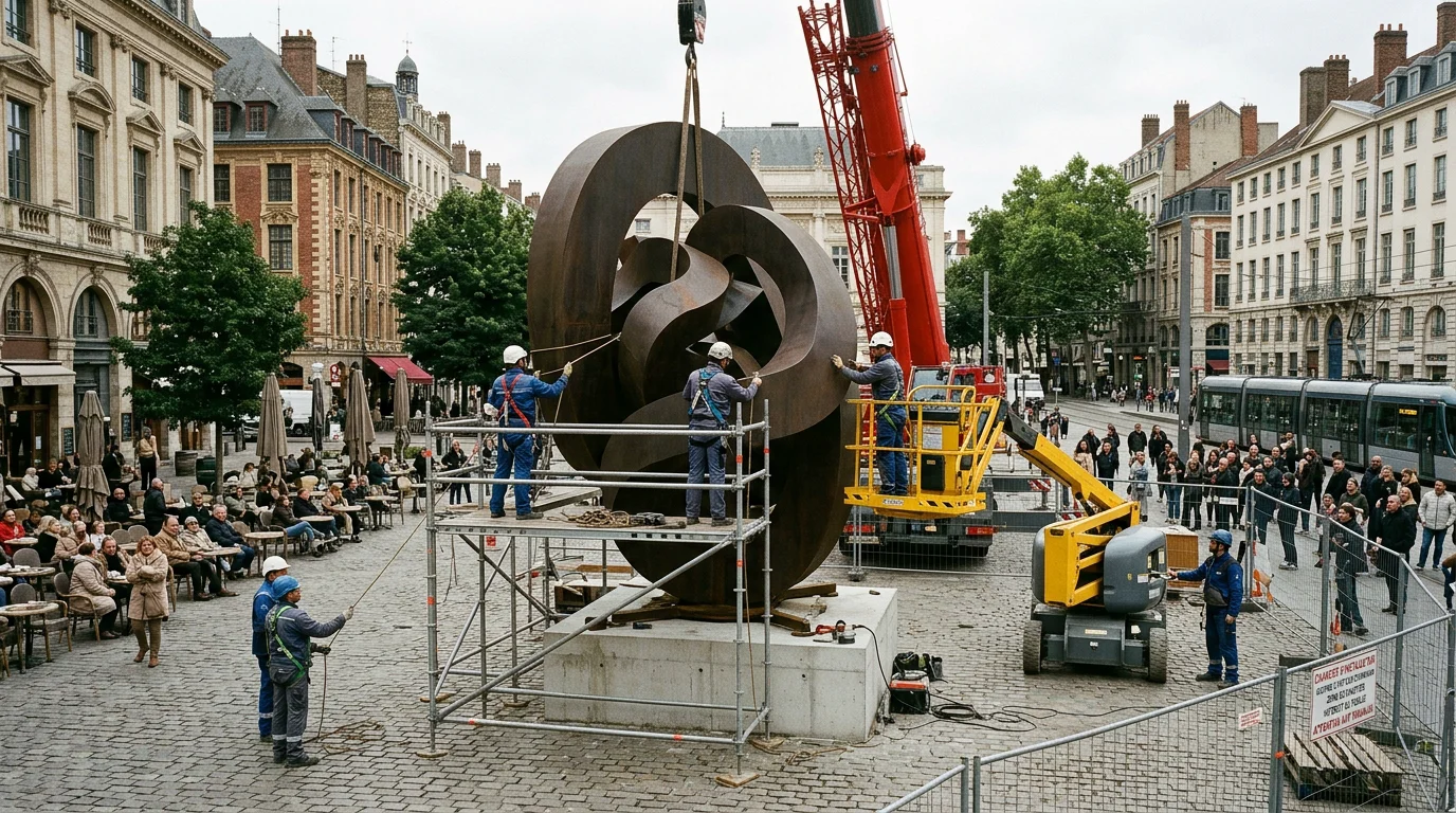 Fabricant de sculpture grand format : guide complet 2026 Installation d'une sculpture monumentale sur une place publique par des techniciens