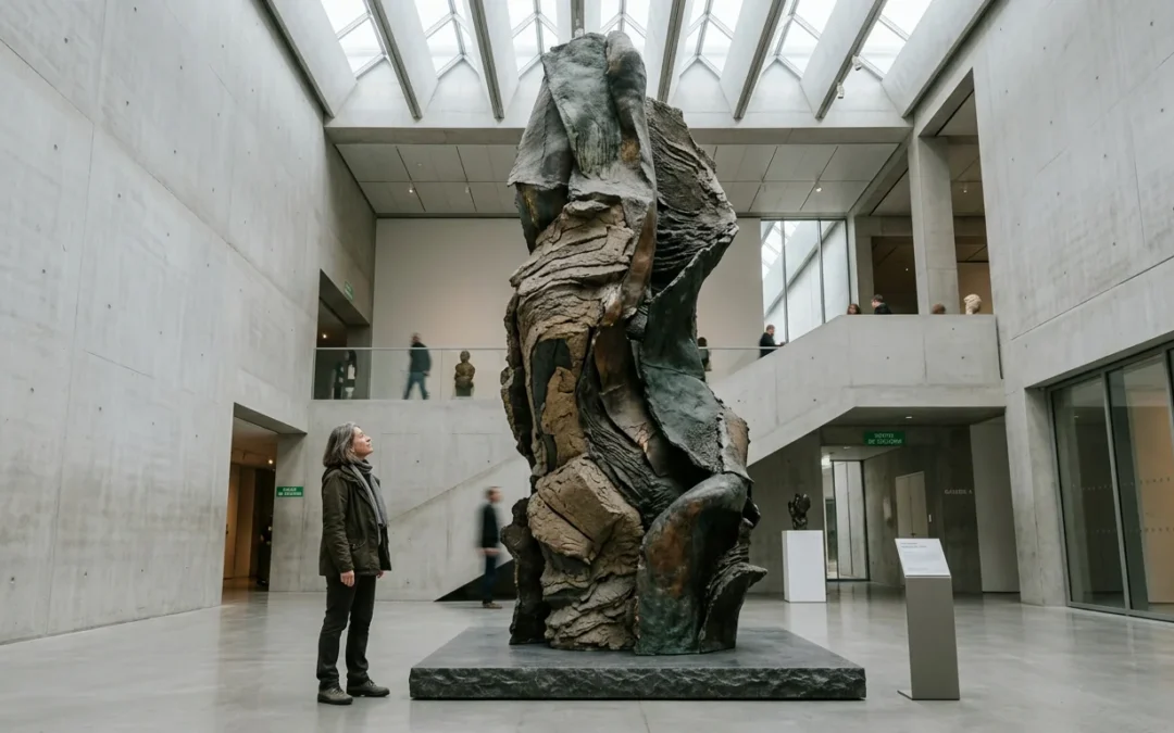 Sculpture monumentale géante dans un espace contemporain avec un visiteur européen pour l'échelle