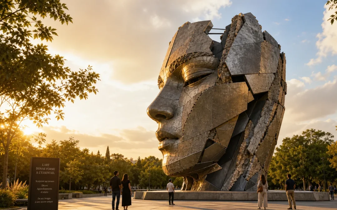 Sculpture monumentale d'extérieur imposante dans un parc public au coucher du soleil