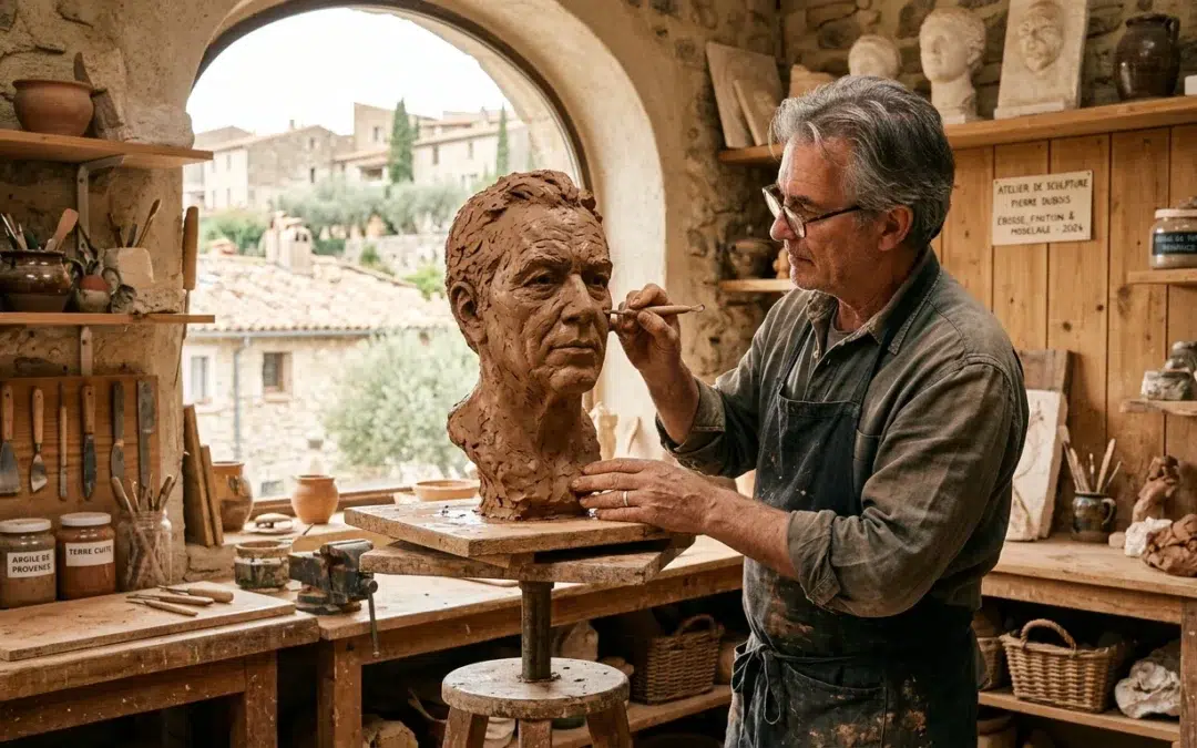 Sculpteur européen façonnant un buste portrait en argile grandeur nature