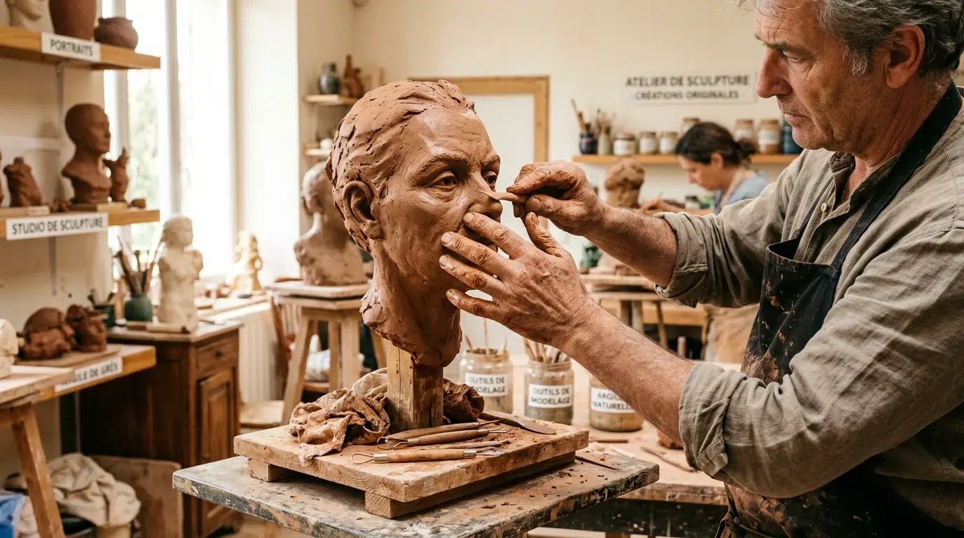 Buste personnalisé à Marseille : le guide complet 2026 Sculpteur européen modelant un buste portrait en argile dans un atelier