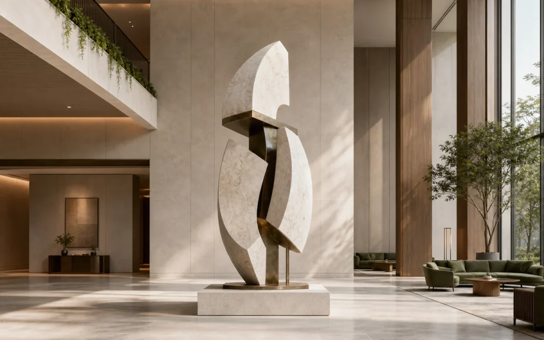 Sculpture monumentale au centre du hall d’un hôtel contemporain