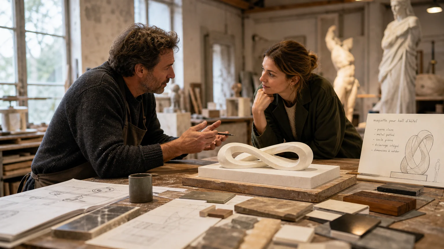 Fabricant de sculptures pour hôtel : guide professionnel Échange entre un sculpteur et une architecte autour d’une maquette pour un hôtel