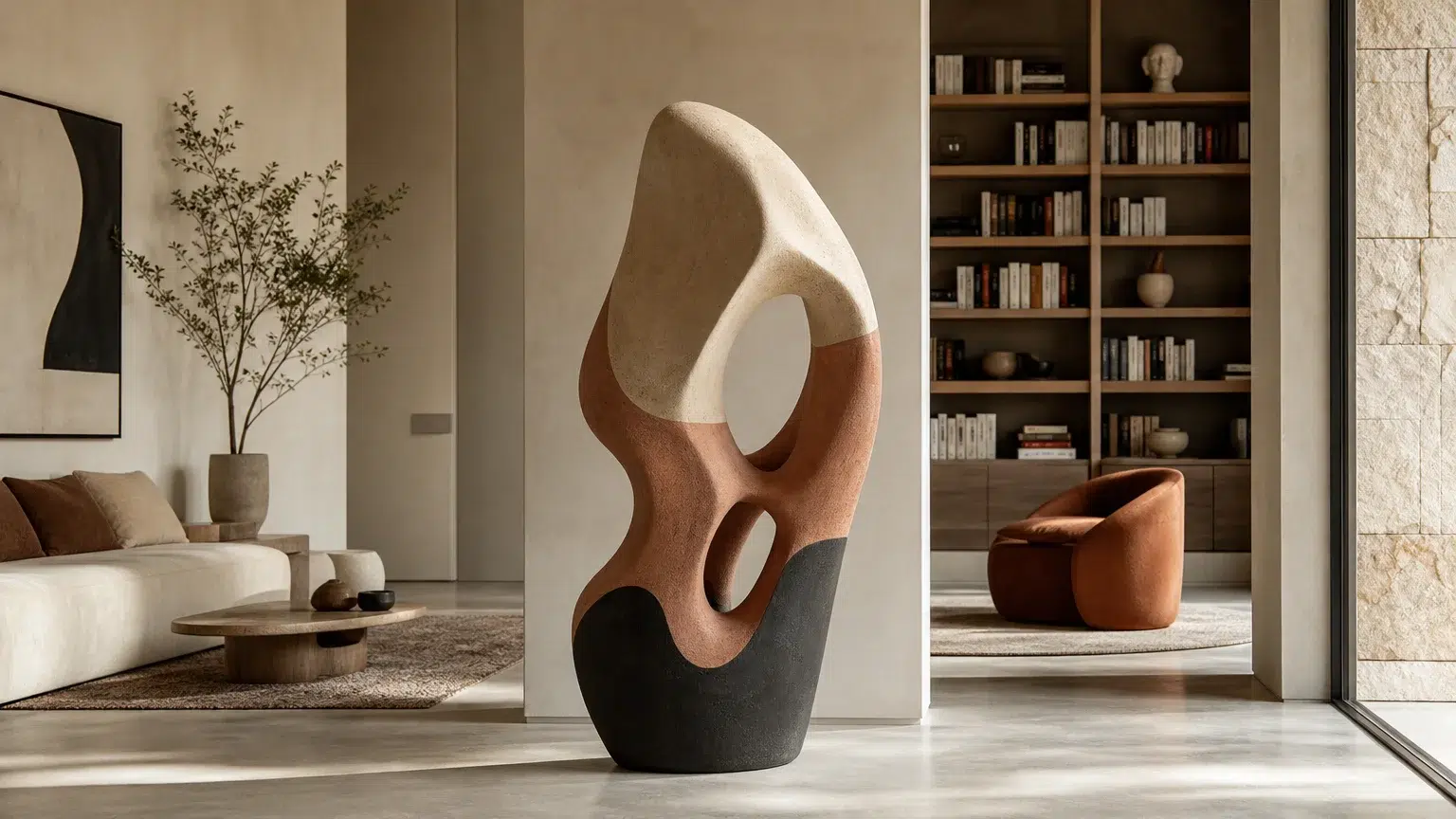 Sculpture contemporaine pour intérieur : choisir la bonne pièce Sculpture abstraite autonome et mobilier sculptural dans un intérieur contemporain