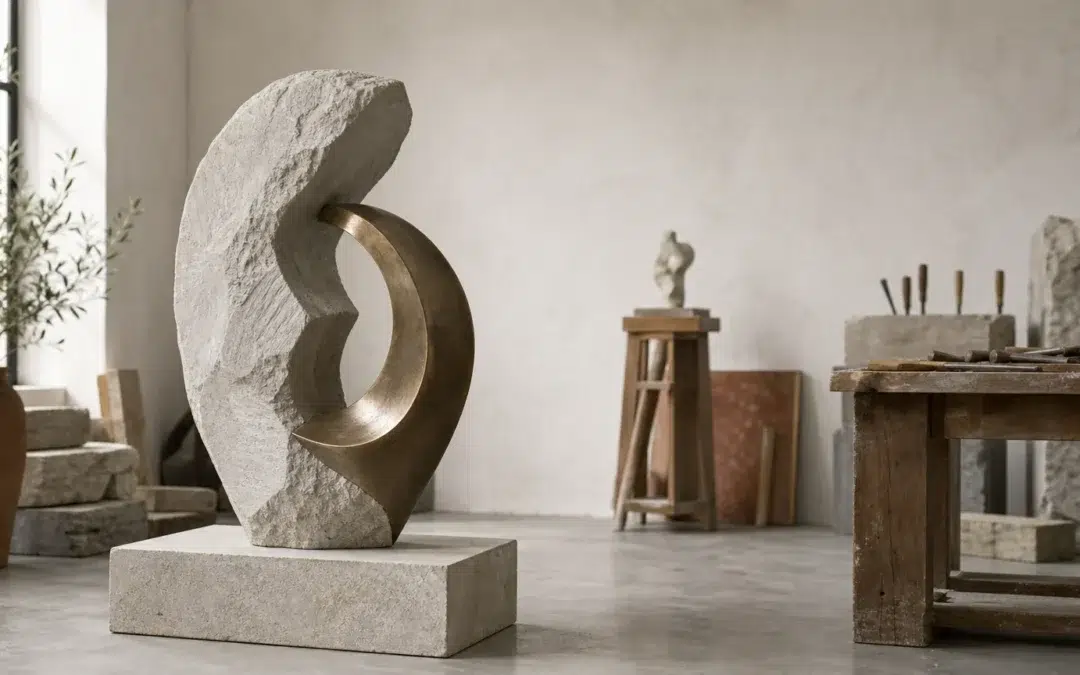 Sculpture contemporaine présentée dans un atelier professionnel