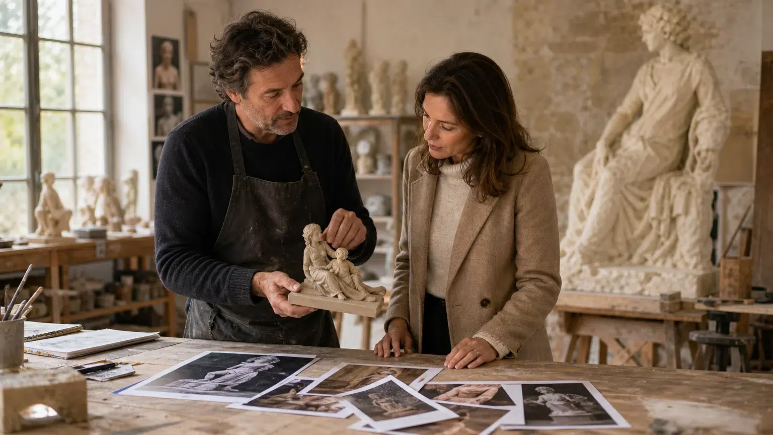 Artfinder ou Statues.com : quelle option pour vos sculptures ? Échange entre une cliente et un artisan autour d’une sculpture personnalisée dans un atelier