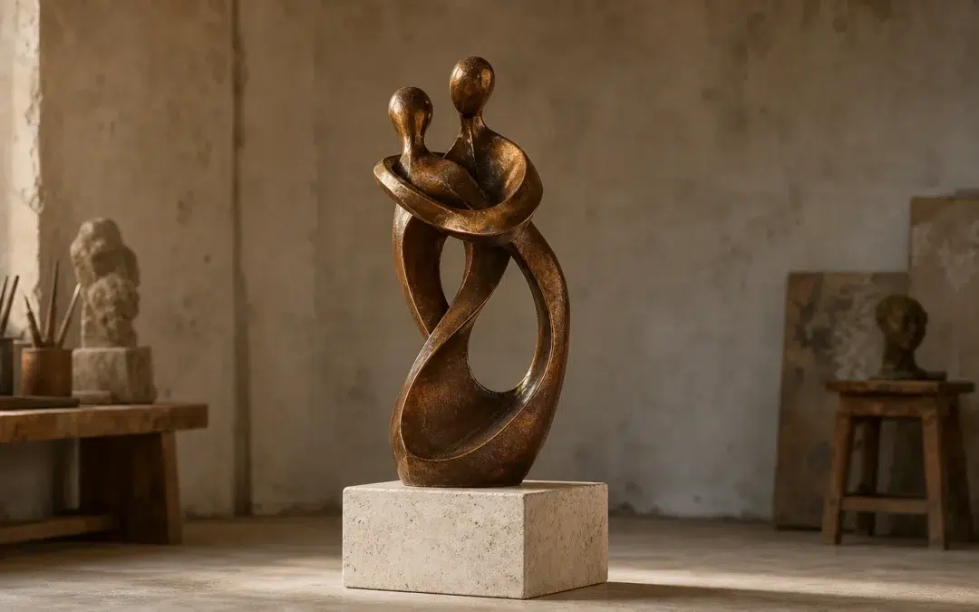 Sculpture en bronze sur socle présentée dans un atelier