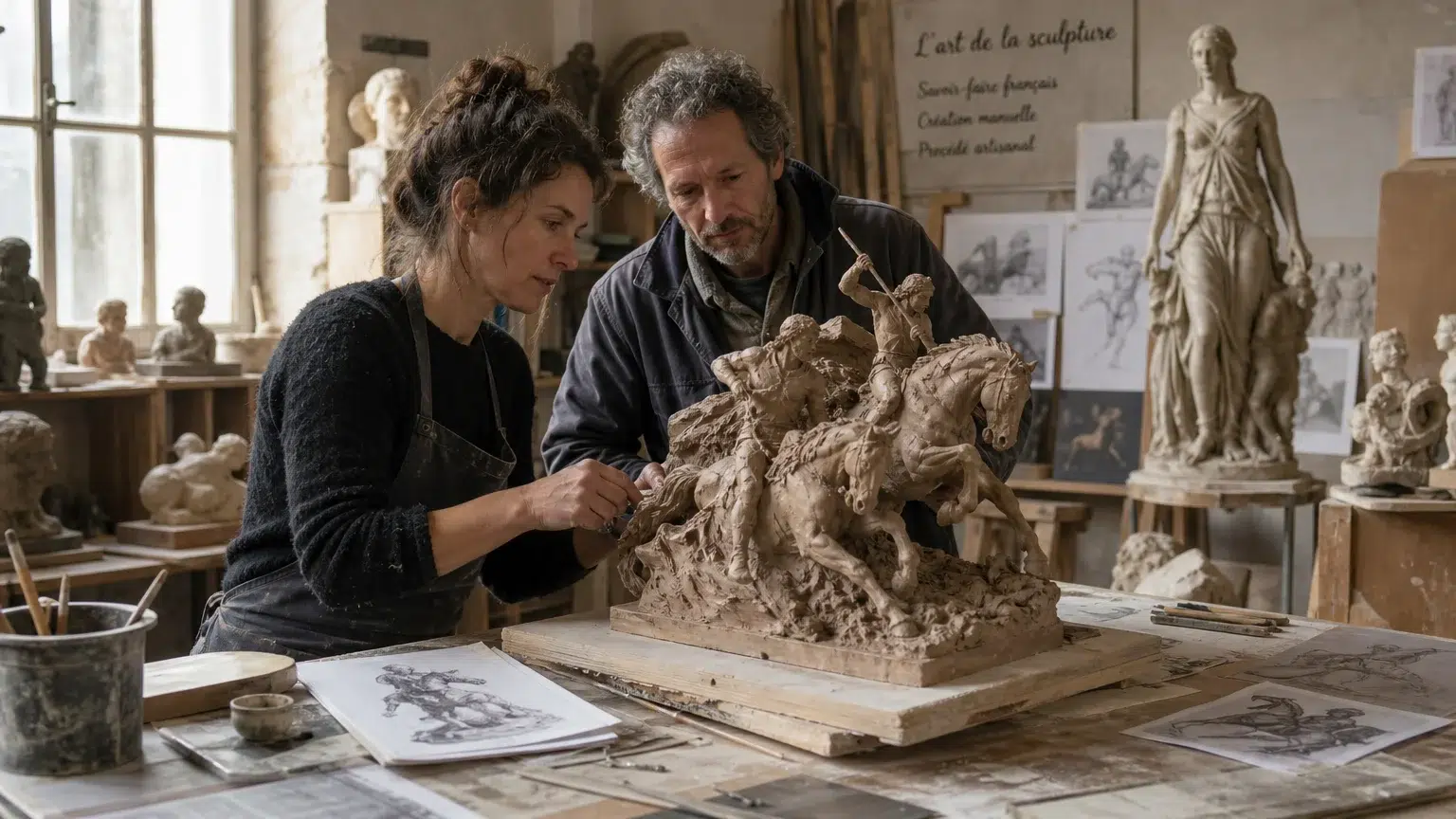 Sculpture en bronze : quel devis demander et à quel prix ? Sculptrice et artisan vérifiant une maquette de sculpture en bronze dans un atelier
